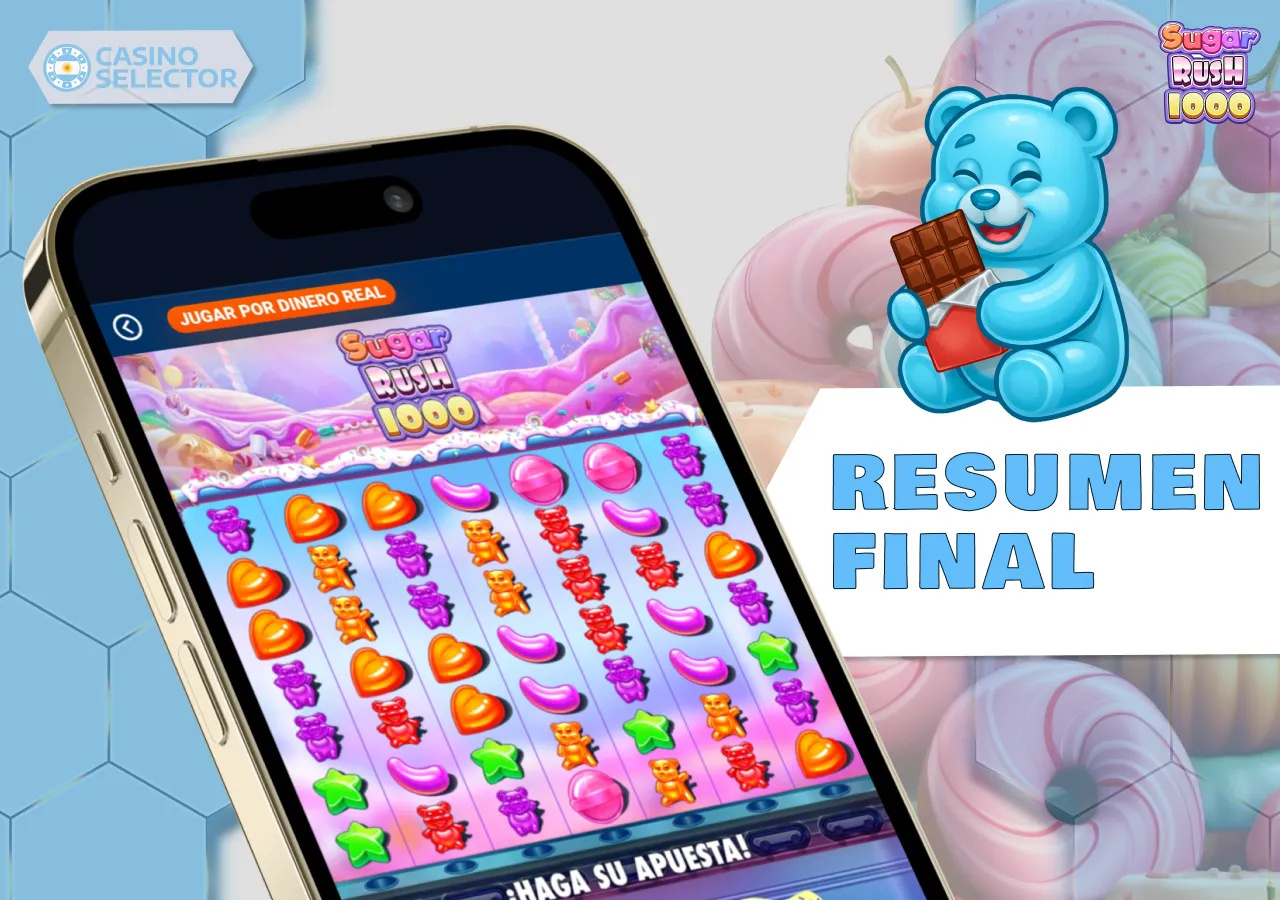 Resumen de Sugar Rush 1000 con descripción de la mecánica, bonos y características de la tragamonedas.